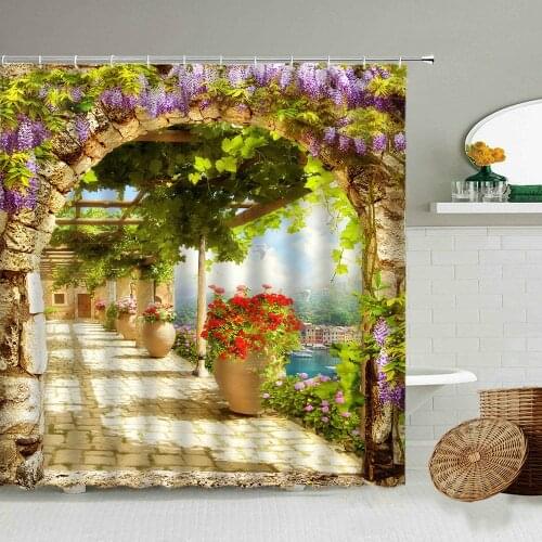 European And American Architecture Roman Column Spring Flowers Plants Shower Curtain Rural Natural Landscape Waterproof Screen