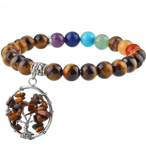 SUNYIK 8mm Tigers Eye Stone 7 Chakra Beads Bracelet Tree of Life Dangle Yoga Energy Reiki Healing Jewelry
