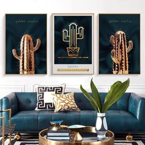 Golden Style Cactus Plant Canvas Painting Wall Art Nordic Posters and Prints Wall Pictures for Living Room Decoration Frameless
