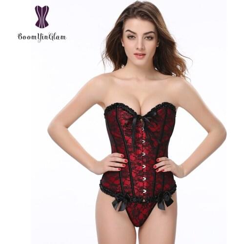 4 colors floral lace overlay overbust corselet with g string slimming shapewear victorian pleated bustier corset 805