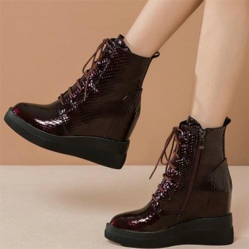 Fashion Sneakers Women Lace Up Genuine Leather Wedges High Heel Ankle Boots Female High Top Round Toe Pumps Shoes Casual Shoes