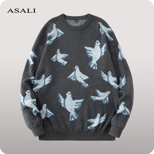Men Birds Pattern Knitted Winter Sweaters 2021 Pullover Mens O-Neck Korean Hip Hop Loose Sweater Women Casual Harajuku Clothes