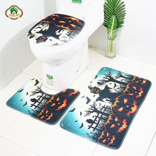 MSJO Halloween Bathroom Mat Set 3D 3Pcs Bloody Cat Pumpkin Scarecrow Bath Mat Rug Toilet Lid Covers Bathroom Accessories Set