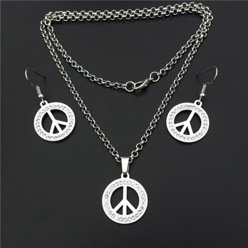20mm Peace Jewelry Set Clay Inlaid Crystal Rhinestone Stainless Steel Necklace Earrings For Women Girls