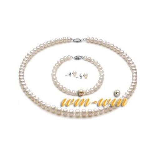 White color Natural Freshwater Pearl Jewelry Set, 7-8mm Pearl Necklace/Bracelet/Earrings Set, Fashion Bridal Jewelry Set