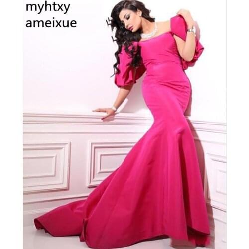 2019 New Sexy Middle East Dress Evening Dresses Capped Sleeve Fuchsia Bow Prom Dress Elegant Vintage Plus Size Evening Dress