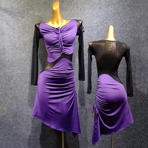 New Latin Dance Clothing Dance Dress Women Sexy See Through Back Purple Competition Costume Modern Dance Tango Stage Dress 1534