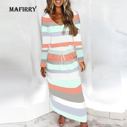 Classic Striped Print Women Streetwear Homewear Dress V Neck Loose XXXL Lacing Casual Dress Lady Full Sleeve Autumn Pocket Dress
