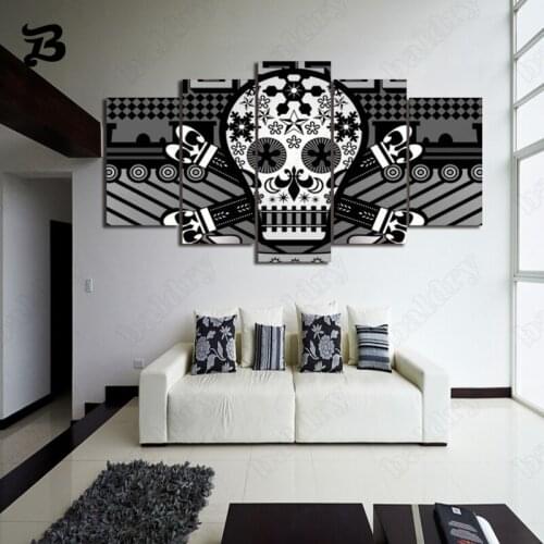 Skull Pattern Canvas Painting Hd Printed 5 Pieces Wall Art Room Decoration Poster Print Wall Pictures for Black Home Wall Decor