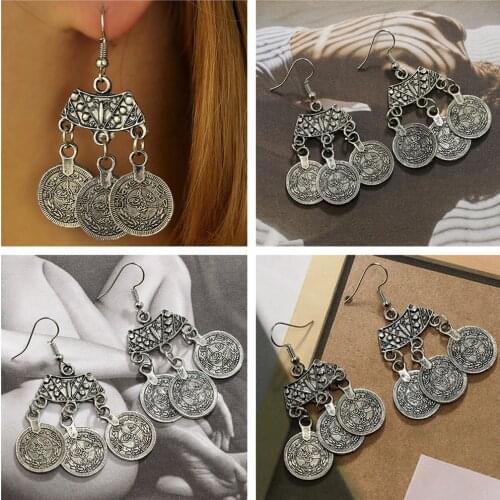 1Pair Bohemian Tibetan Tribal Design Coin Pendant Earrings Ethnic Coin Hook Ear Stud Hippie Long Dangle Jewelry