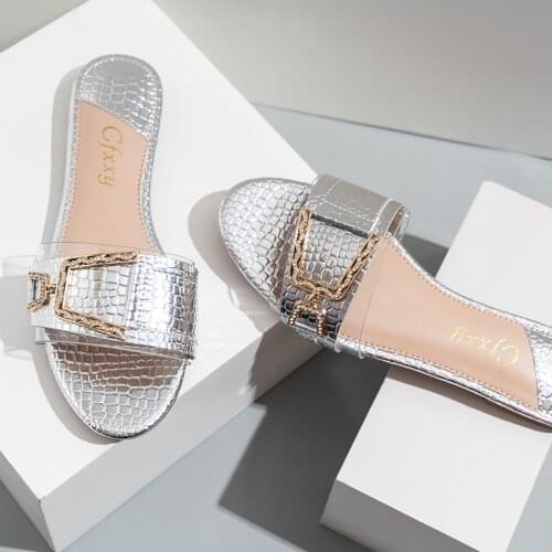 Womens Slippers Slip-on Shoes Buckle Sandals Home Toe Flip Flops Flip-flops Beach Braid Casual Transparent Woman Low Heel Chain