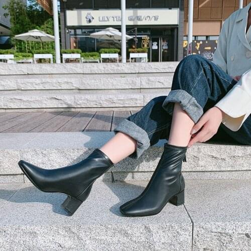Fashion Single Shoes Square Head Back Zipper Patent Leather Sexy WomenS Shoes Matte Semi-High Heeled Commuter Leather Boots