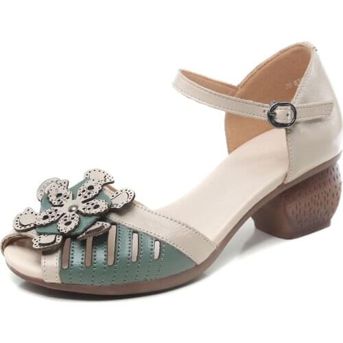 New Ethnic Style Women Sandals 2021 Summer Fish Mouth Thick Heel Fashion Sandals Genuine Cow Leather Flower Hollow Casual Shoes