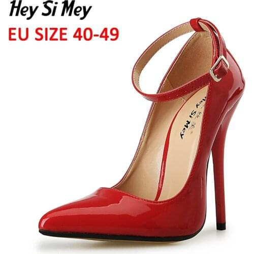 Women shoes Pump large size 40-49 high heel 13cm super high pointed stiletto Ankle Strap wedding shoes Elegant glossy shoes