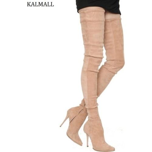 KALMALL Botas Mujer Winter Stretch Suede Over-The-Knee Boots Women Pointed Toe Thigh High Boots Stiletto Heels Women Long Boots