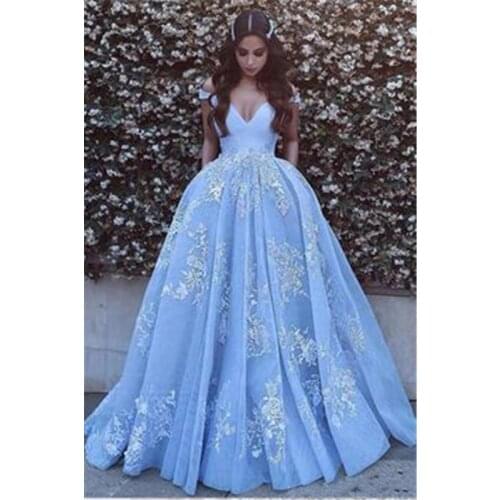 Sky Blue Robe De Soiree Ball Gown Off The Shoulder Tulle Lace Long Women Party Prom Dresses Prom Gown Evening Dresses
