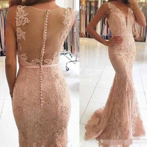 Sexy V-Neck Evening Dresses robe de soiree Illusion Lace Appliques Beaded Pink Mermaid Long Formal Dress evening dress 2019