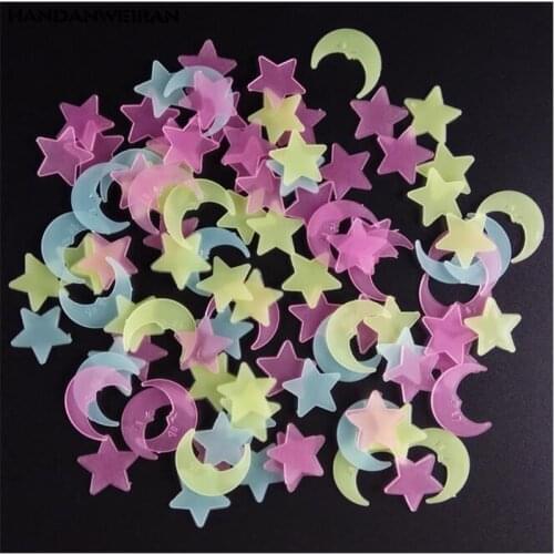 100PCS=1LOT Mixed color Glow In The Dark 3D Star Moon Luminous Wall Sticker DIY Room Ceiling Decor Wall stickers For Kids Room