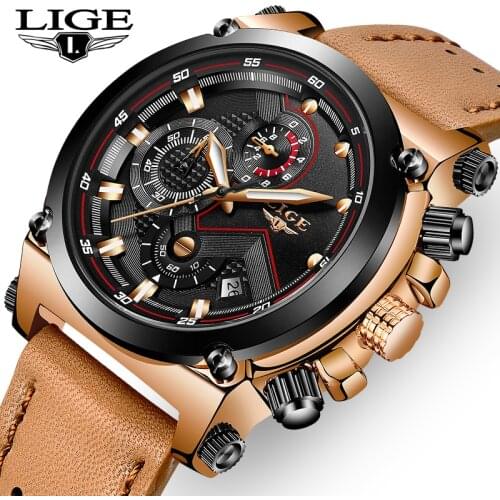 2021 LIGE Men Watch Top Luxury Brand Sport 50m Waterproof Quartz Watches For Men Fashion Leather Chronograph Relogio Masculino