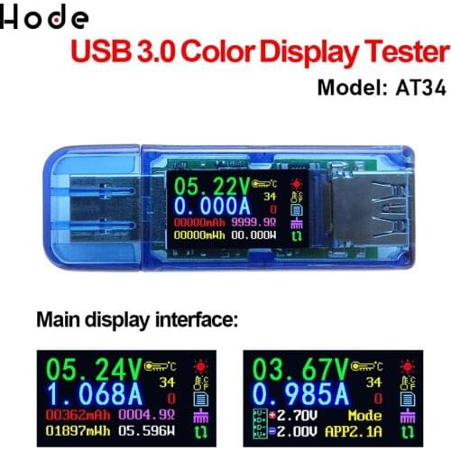 AT34 USB3.0 IPS HD Color Screen USB Tester Voltage Current Capacity Energy Power Equivalent Impedance Temperature Tester