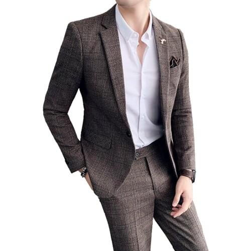 Blazer + Pants ) High-end Brand Formal Business Plaid Mens Suit Groom Wedding Dress Solid Color Stage Performance Tuxedo S-5XL