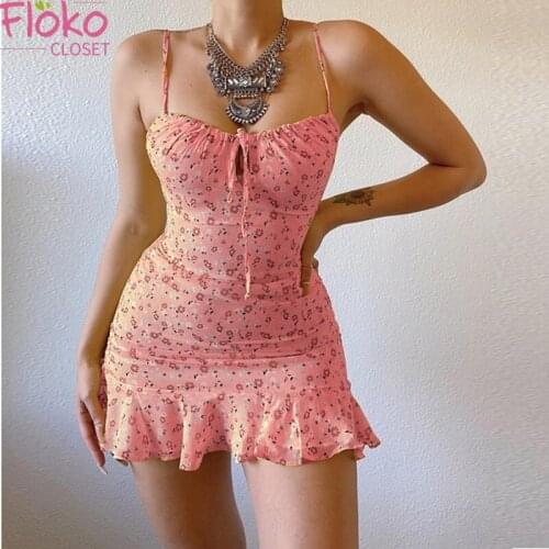 Flokocloset Sexy Hollow Out Floral Print Mini Dress Casual Spaghetti Strap Sleeveless Club Party Sheath Sundress