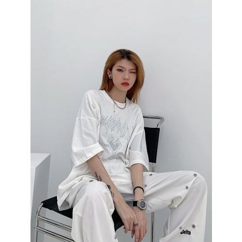 Street hot drill water drill logo couple off shoulder T-Shirt Top trend loose short sleeve T-shirts for men and women tees