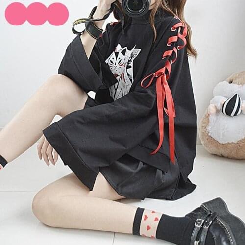 Summer Womens clothing cosplay Anime fox printed cross ribbon Women Lolita Girls' T-shirt harajuku spring Top skirt hoodies