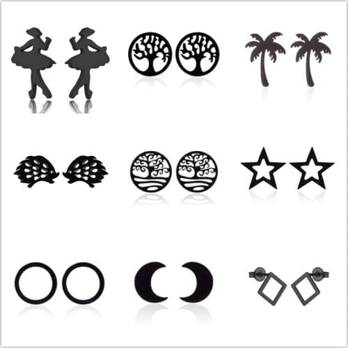 Hfarich Women Statement Geometric Simple Stud Earrings Funny Ballet Tree of Life Moon Star Black Earrings Stainless Steel