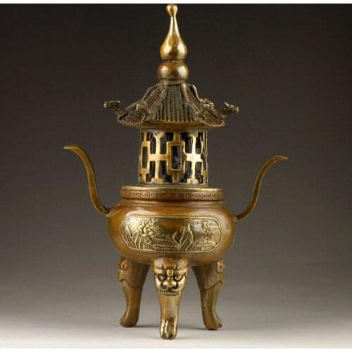 Chinese Brass Carving Buddha Tower Stupa Pagoda Incense Burner Censer