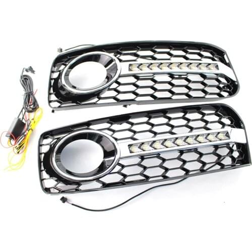 Left & Right ABS Plastic Front Lower Bumper Fog Light Grill & LED Lights Kit Compatible for Audi A5 S Line 2008-12 8T0807681B