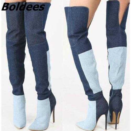 Fashion Jeans Boots Sexy Women Denim Pointy Stiletto High Heel Over The Knee High Boots New Designer Color Matched Booty