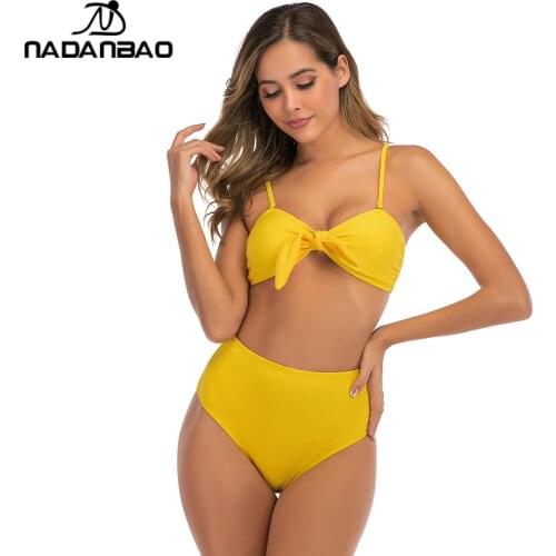 NADANBAO Solid Color High Waist Split Swimsuit New Bikini Sling Sexy Adult Elastic Swimwear Seaside Beach Two-Piece Bathing Suit