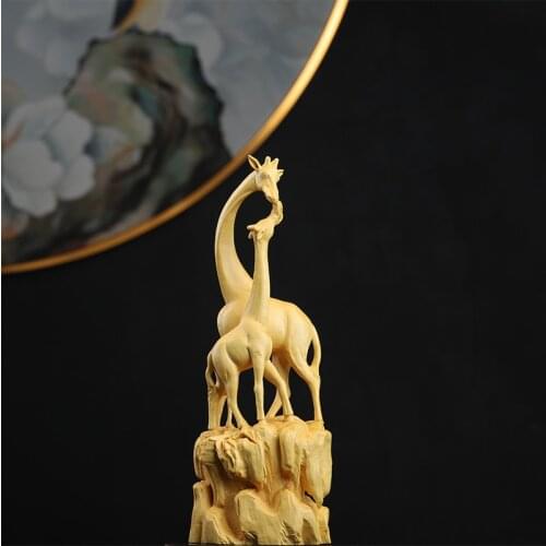 Boxwood Real Wood Real Wood Animal Sculpture Home Décor Wood Statue Collection Office Decoration Giraffe Mother and child love M