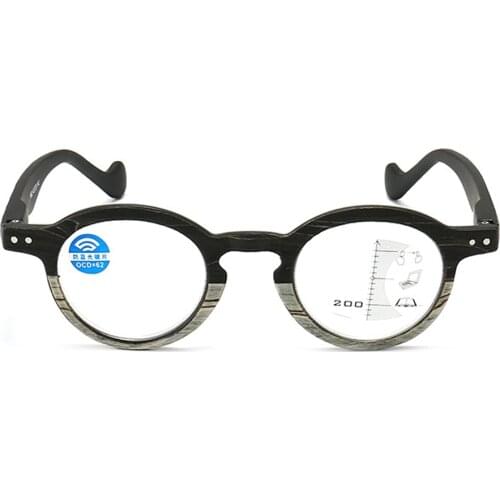 Progressive Multifocus Reading Glasses See Near and Far Women Men Ultralight Wooden frame round Anti Blu Ray 1 2 3 to 4