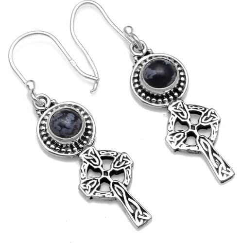 Genuine Snowflake Obsidian 925 Sterling Silver Earrings, 42.5 mm, AE2577