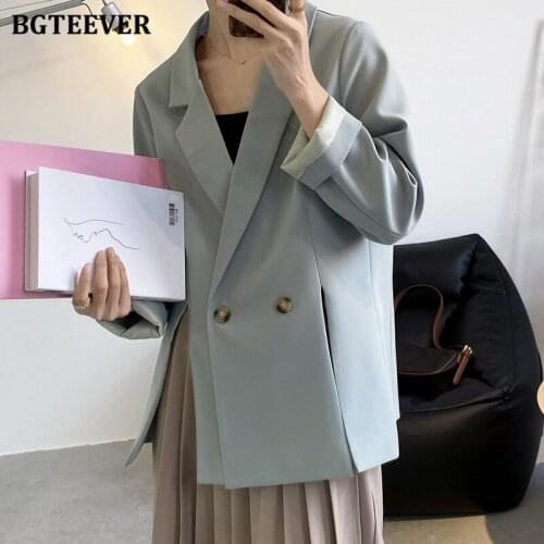 BGTEEVER New Spring Casual Double Breasted Women Suit Jacket Elegant Long Sleeve Loose Side Split Female Blazer 2021