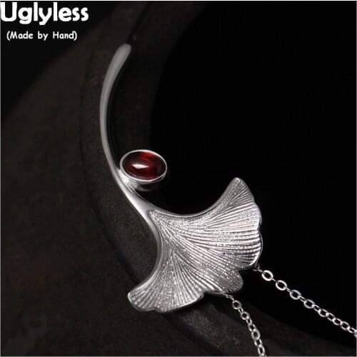 Uglyless 100% Real 925 Sterling Silver Handmade Ginkgo Leaf Pendants for Women Dual Use Thai Silver Leaves Brooches Garnet Pins