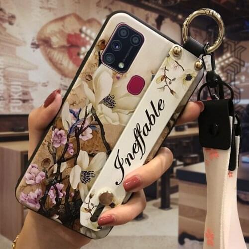 Shockproof Lanyard Phone Case For Samsung Galaxy M31 Soft Silicone For Woman Flower Wristband