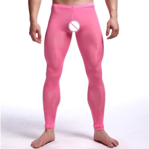 Sexy Men See-through Pants silky Tights Milk Fiber Leggings Trousers Long Johns Underwear U Convex Pocket Mens Wrestling Singlet