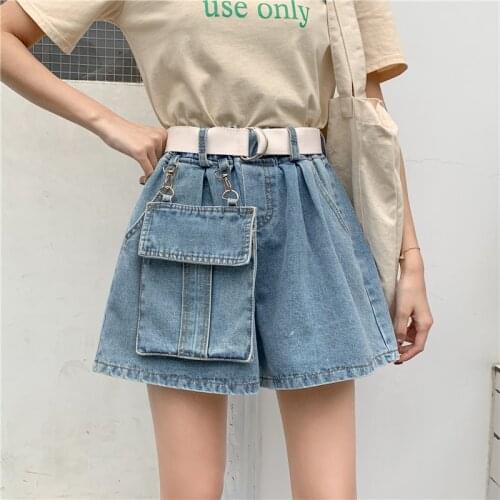 Fashion High waist Denim Shorts Women Big pocket Loose Plus Size Jeans Shorts Female Summer Wide leg Short Jeans With Belt