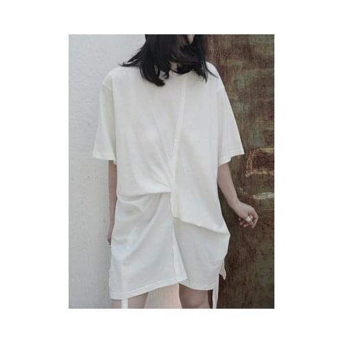 Women White Pleated Split Big Size Long T-shirt New Round Neck Half Sleeve Fashion Tide Spring Summer 2020 1W296