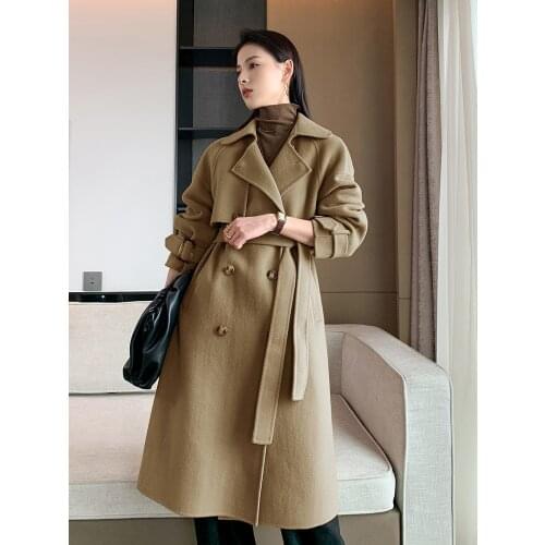 2021 autumn new female double-sided cashmere windbreaker jacket suit tie tie mid-length woolen coat