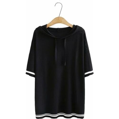 Plus Size XL-3XL Black White Tops Women Short Sleeve Crochet Tshirts Hooded Ice Silk Casual Summer Shirts