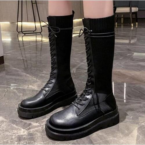 Womens Boots Autumn Winter Pu Leather knitting Lace Up Block Heels Boot Fashion Ladies Shoes High Boot Casual Long Boots W09