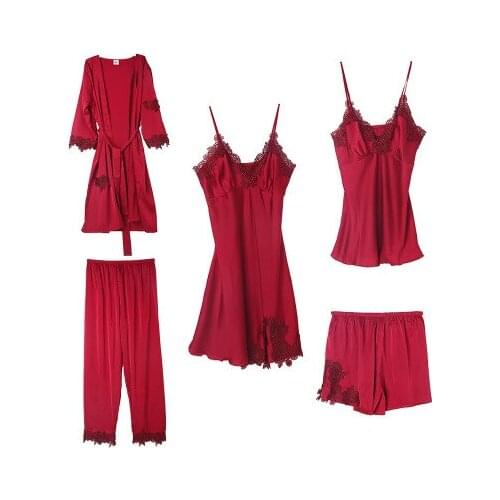 Daeyard Womens Pajamas Silk 5Pcs Pajama Set Satin Appliques Trimmed Pyjamas Sexy Lace Pijama Nightie Sleepwear Home Clothes