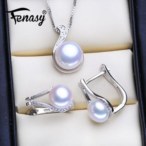 FENASY 925 Sterling Silver Pendant Necklace Natural Pearl Jewelry Sets For Women Fashion Classic Stud Earrings