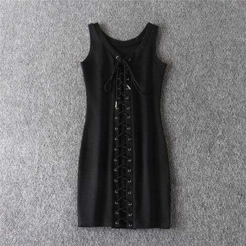 2021 spring and summer new street solid color hollow bandage vest dress female slim slim wild package hip dress female