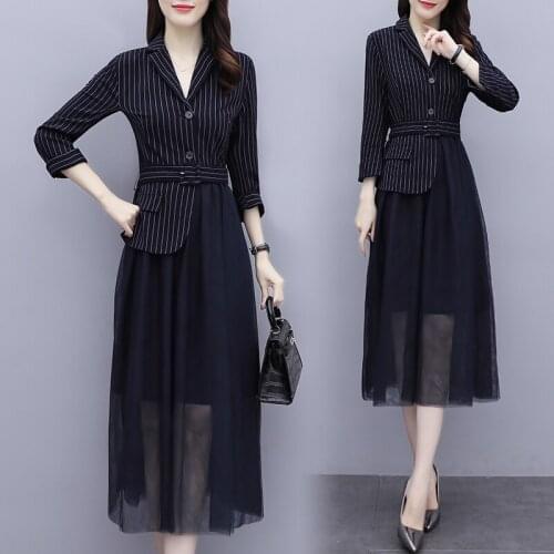 Women Stripe Mesh Business Dress Long Sleeve Patchwork Autumn Office Ladies Work Wear Slim Casual Loose Dresses Clothes Clothing