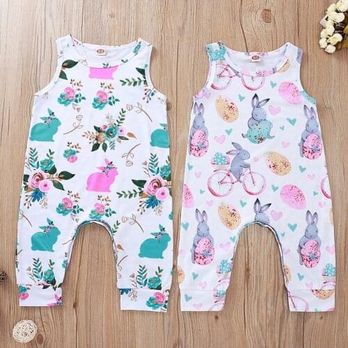 2020 Spring Summer Happy Easter Baby Girls Clothes Newborn Infant Floral Eggs Rabbit Print Baby Romper Kids Sleeveless Jumpsuits
